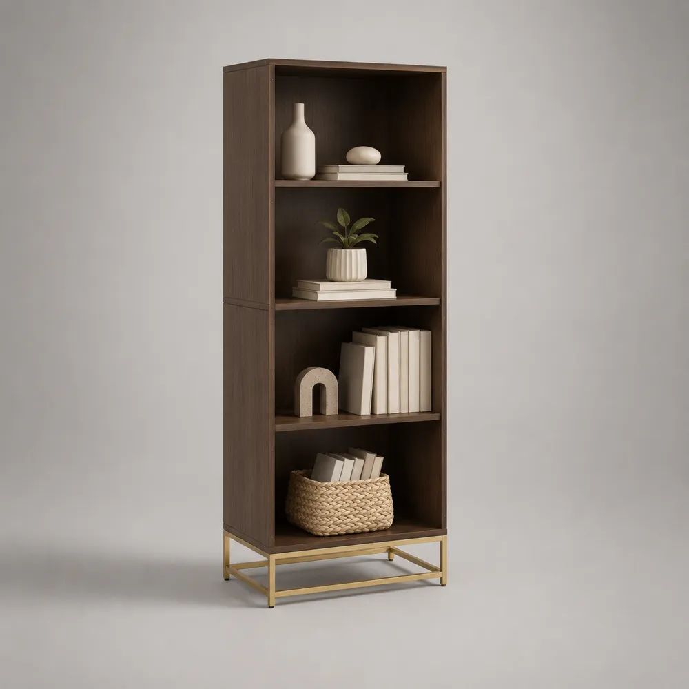 Bücherregal mit 4 Fächern aus melaminbeschichteter Spanplatte und Stahl, Dunkelbraun/Gold, 60 × 30 × 180 cm