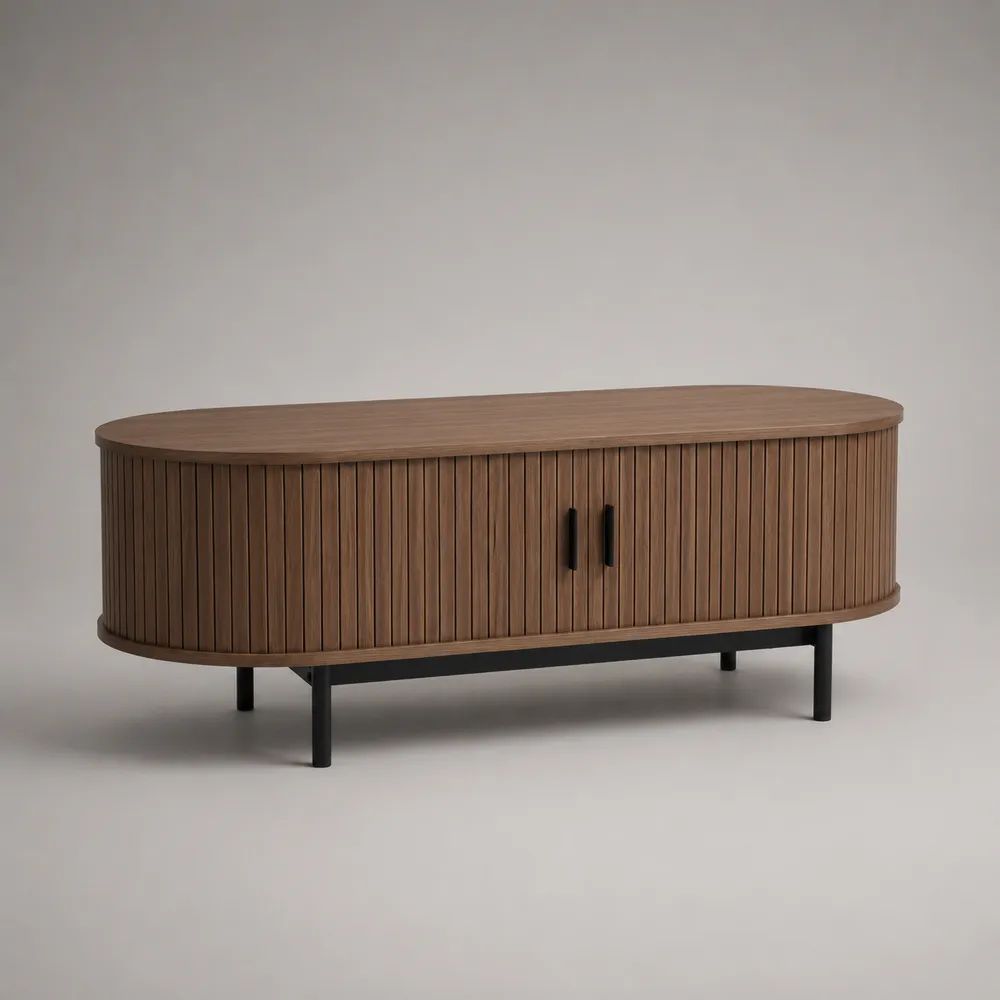 Ovaler Couchtisch mit Stauraum aus MDF mit Walnussfurnier, Dunkelbraun/Schwarz, 120 × 55 × 48 cm