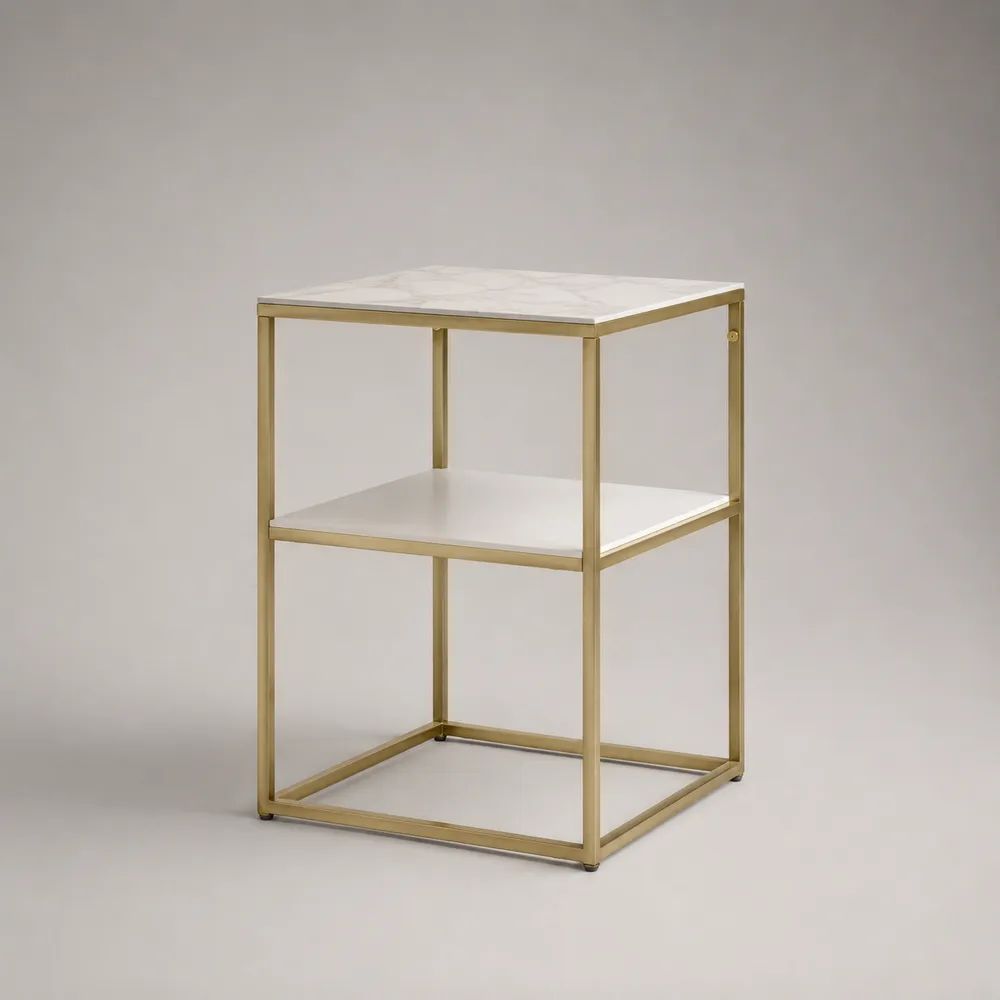 Quadratischer Beistelltisch aus MDF und Stahl mit Ablage, Weiß/Grau/Gold, 40 × 40 × 60 cm