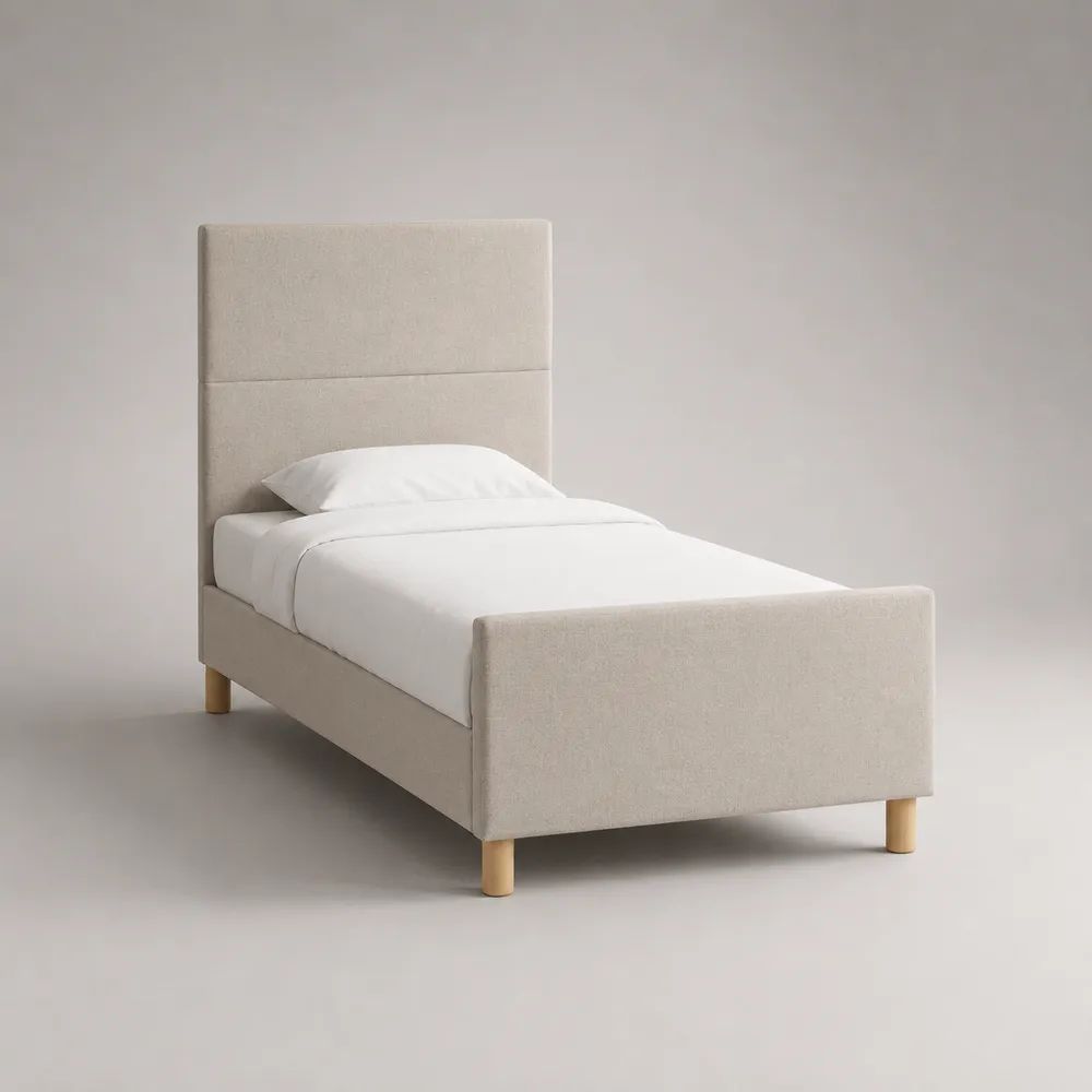 Gepolstertes Einzelbett mit hohem Kopfteil, Polyesterbezug und Massivholzfüßen, Beige/Natur, Liegefläche 90 × 200 cm, Gesamtmaß 99 × 214 × 120 cm