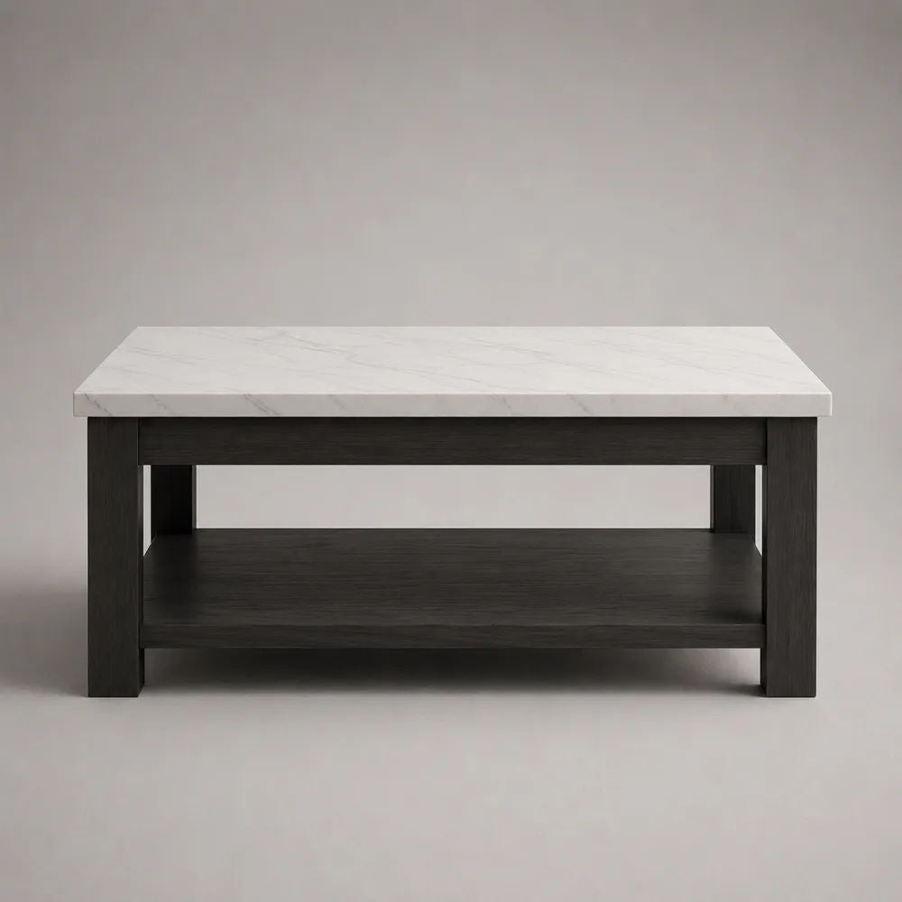 Rechteckiger Couchtisch aus melaminharzbeschichteter Spanplatte mit Ablage, Weiß/Dunkelbraun, 100 × 60 × 45 cm