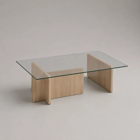 Rechteckiger Couchtisch aus 8 mm gehärtetem Glas und MDF mit Eichenfurnier, Transparent/Eiche Natur, 100 × 60 × 40 cm