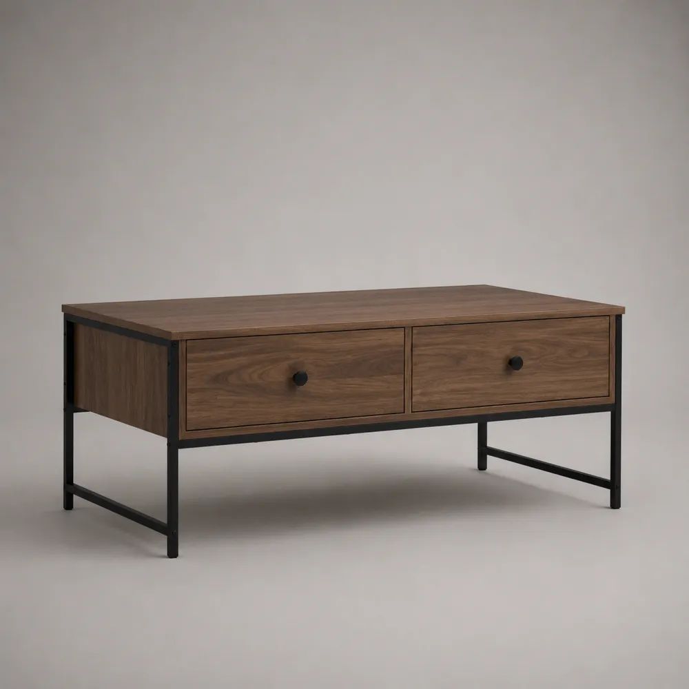 Rechteckiger Couchtisch mit 2 Schubladen aus MDF mit Walnussfurnier und Stahl, Braun/Schwarz, 110 x 55 x 45 cm
