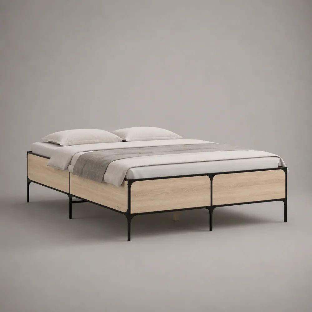 Doppelbett Metallbett aus Stahl und MDF mit Eichenfurnier, Natur/Schwarz, Liegefläche 160 x 200 cm