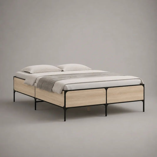 Doppelbett Metallbett aus Stahl und MDF mit Eichenfurnier, Natur/Schwarz, Liegefläche 160 x 200 cm