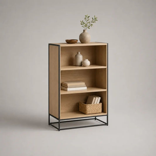 Bücherregal mit 3 offenen Fächern aus MDF mit Eichenfurnier und Stahl, Eiche Natur/Schwarz, 100 × 60 × 30 cm