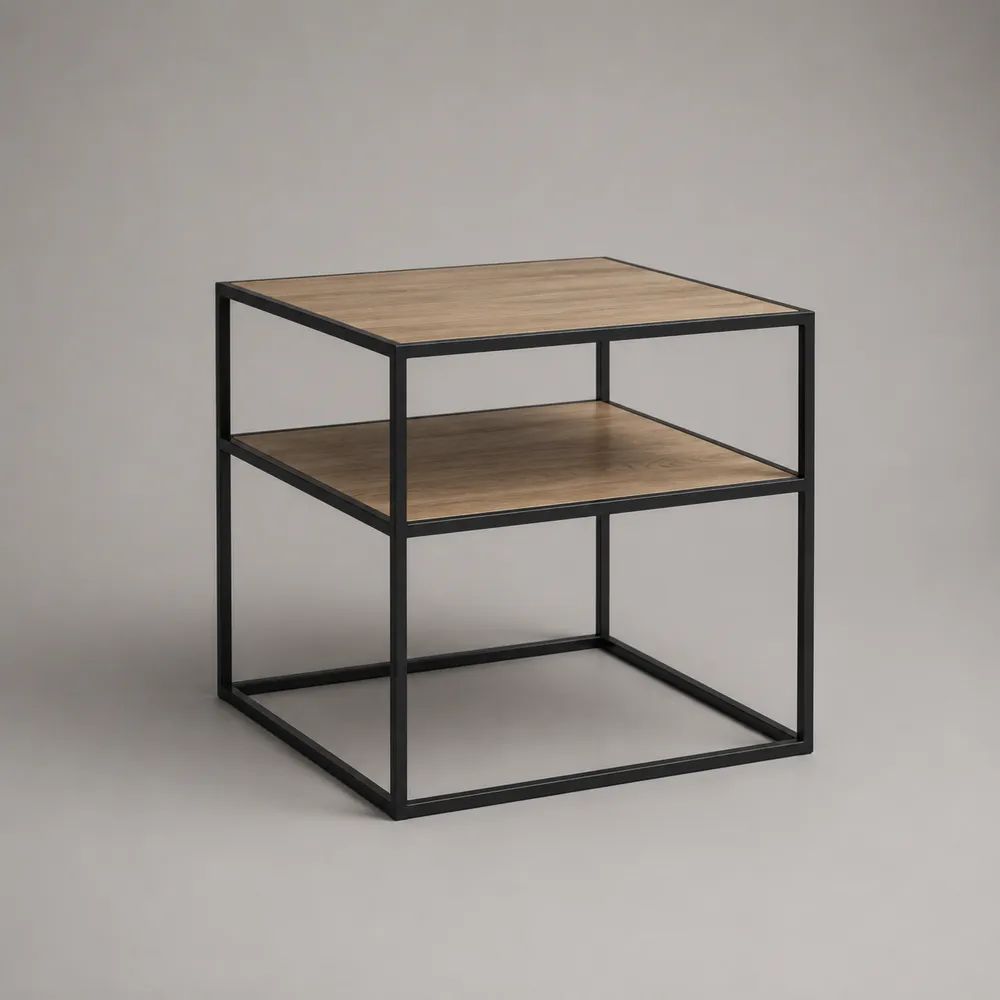Quadratischer Couchtisch aus MDF und Stahl mit Ablage, Eichefarben/Schwarz, 50 × 50 × 50 cm