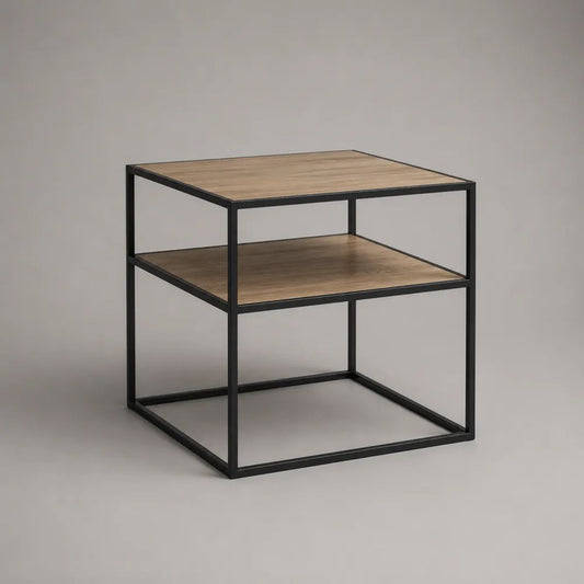 Quadratischer Couchtisch aus MDF und Stahl mit Ablage, Eichefarben/Schwarz, 50 × 50 × 50 cm