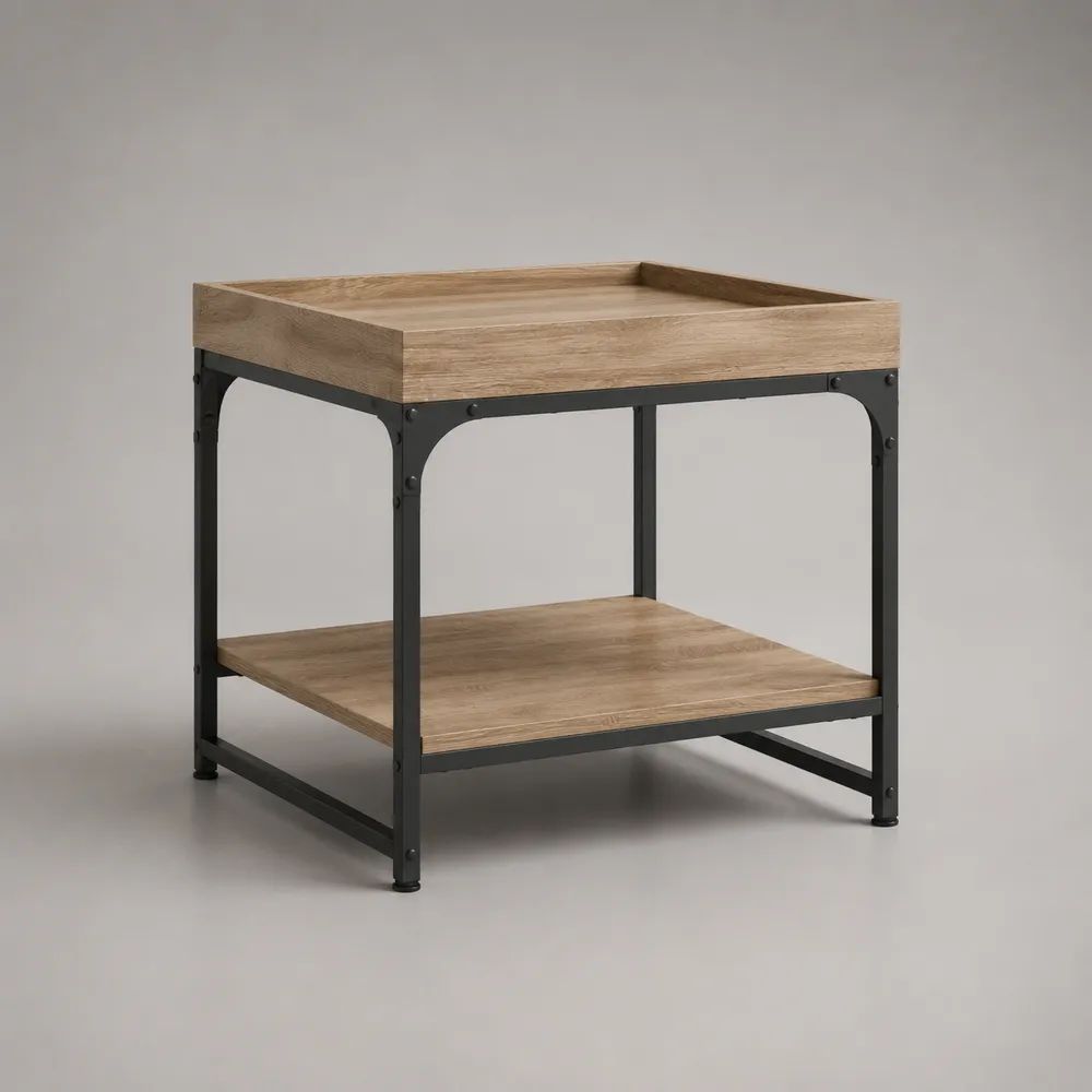 Quadratischer Couchtisch mit Ablage, Spanplatte in Eichenoptik und Stahlgestell, Eichefarben/Schwarz, 50 x 50 x 55 cm