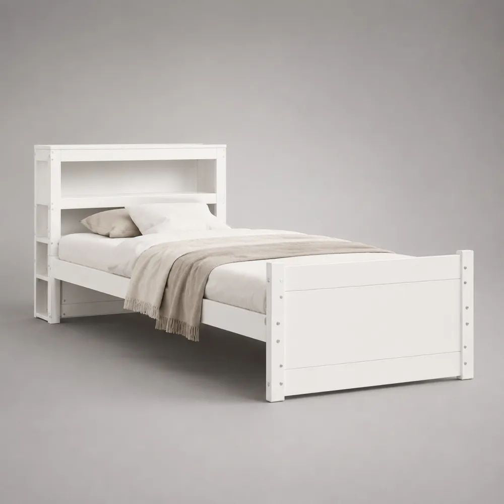 Einzelbett aus massivem Kiefernholz mit Regal-Kopfteil und Lattenrost, Weiß, 209 x 99 x 150 cm, Liegefläche 90 x 200 cm