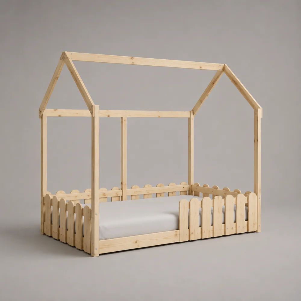 Kinder-Hausbett aus Holz mit Rausfallschutz, Liegefläche 90 x 200 cm, Natur, Gesamtmaß 205 x 98 x 170 cm