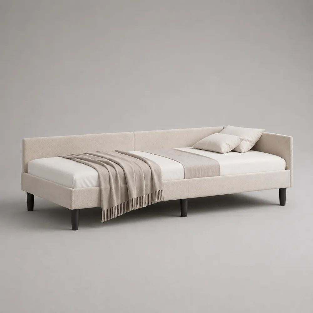 Gepolstertes Tagesbett mit Lattenrost, Liegefläche 90 × 200 cm, Stoffbezug in Creme
