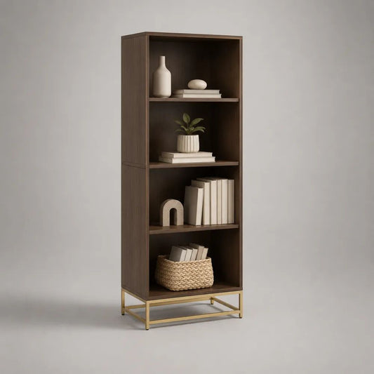 Bücherregal mit 4 Fächern aus melaminbeschichteter Spanplatte und Stahl, Dunkelbraun/Gold, 60 × 30 × 180 cm
