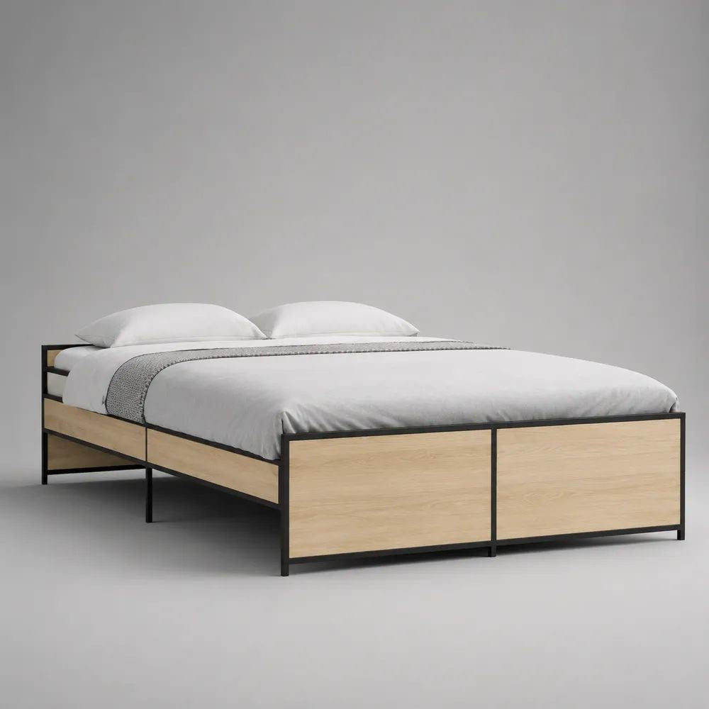 Doppelbett aus Stahl und Spanplatte mit 2 Stauraumschubladen, Schwarz/Natur, Liegefläche 160 x 200 cm