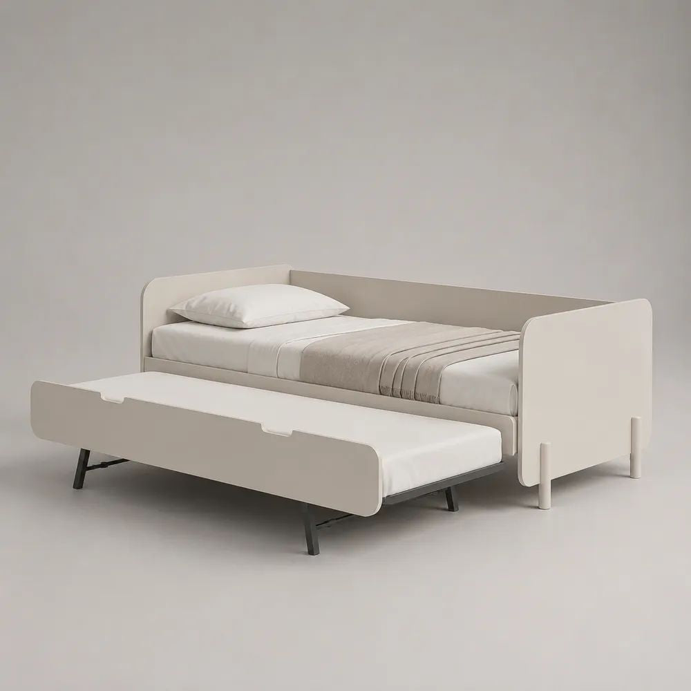 Tagesbett mit ausziehbarem Gästebett aus MDF und Stahl, 2 Liegeflächen je 90 x 200 cm, Gesamtmaß 205 x 96 x 80 cm, Cremeweiß/Anthrazit