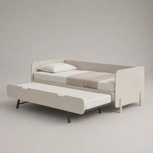 Tagesbett mit ausziehbarem Gästebett aus MDF und Stahl, 2 Liegeflächen je 90 x 200 cm, Gesamtmaß 205 x 96 x 80 cm, Cremeweiß/Anthrazit