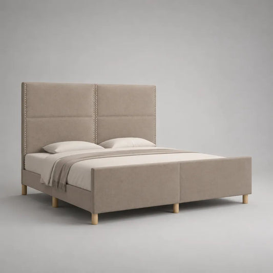 Polsterbett Doppelbett mit hohem Kopfteil aus Polyestersamt, MDF und Kiefernholz, Beige, Liegefläche 180 x 200 cm