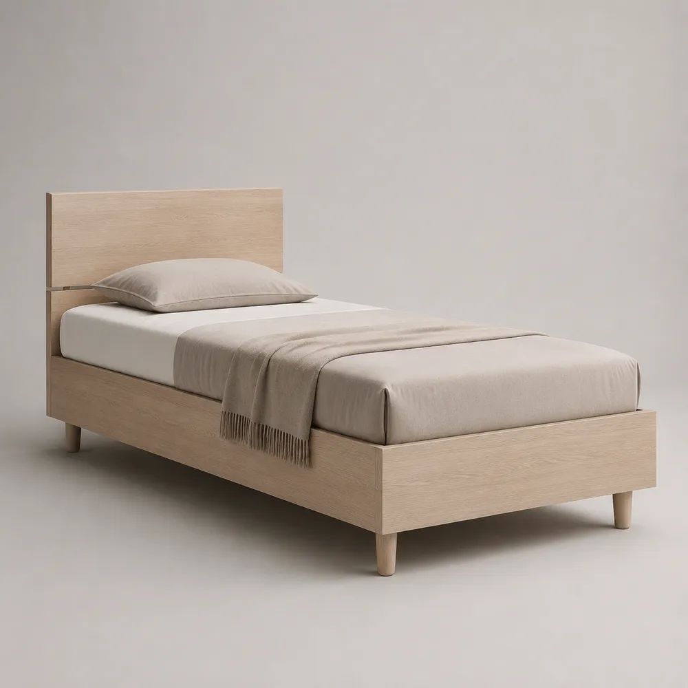 Einzelbett aus Spanplatte mit Eichedekor, Natur, Liegefläche 90 × 200 cm, Gesamtmaß 207 × 96 × 100 cm