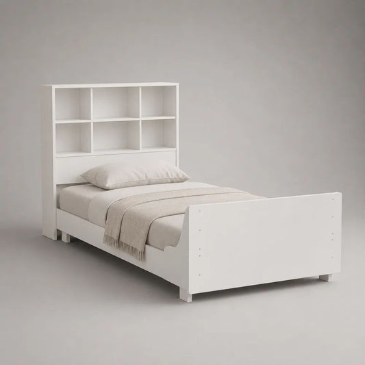 Weißes Holz-Einzelbett mit Regal-Kopfteil, 215 x 96 x 180 cm, Liegefläche 90 x 200 cm
