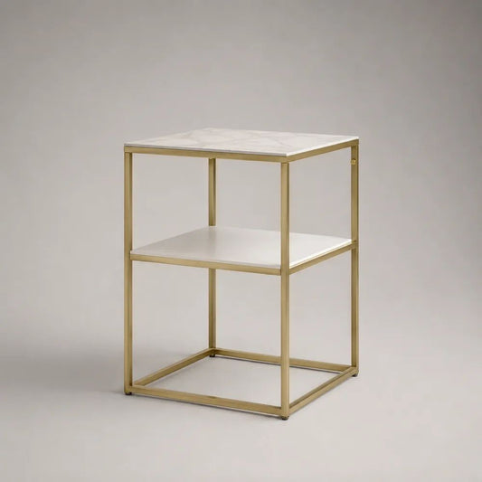 Quadratischer Beistelltisch aus MDF und Stahl mit Ablage, Weiß/Grau/Gold, 40 × 40 × 60 cm