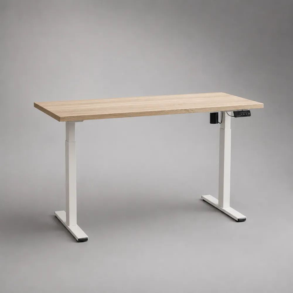 Elektrisch höhenverstellbarer Schreibtisch aus melaminbeschichteter Spanplatte mit Stahlgestell, Eiche hell/Weiß, 140 × 70 × 72–120 cm