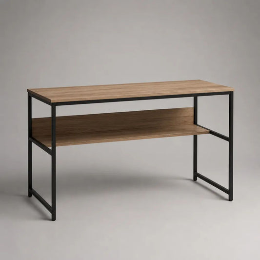 Schreibtisch aus Spanplatte mit Stahlgestell und Ablage, Eichefarben/Schwarz, 120 × 60 × 75 cm