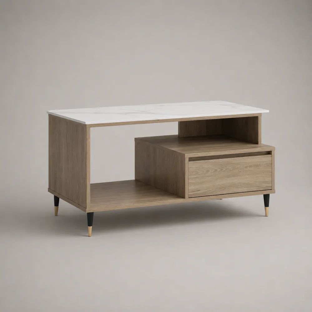 Rechteckiger Couchtisch aus Spanplatte mit Schublade und 2 offenen Ablagen, Eiche/Weiß, 100 x 50 x 55 cm