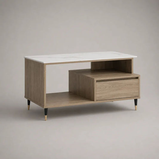 Rechteckiger Couchtisch aus Spanplatte mit Schublade und 2 offenen Ablagen, Eiche/Weiß, 100 x 50 x 55 cm