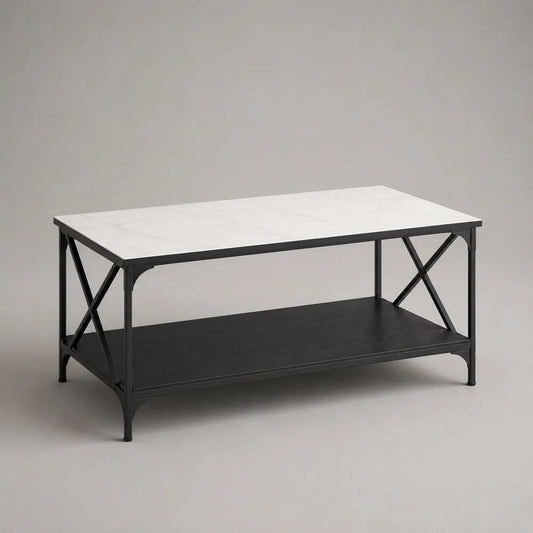 Rechteckiger Couchtisch mit Ablage, MDF in weiß-grauer Marmoroptik und schwarzes Stahlgestell, 100 × 50 × 45 cm