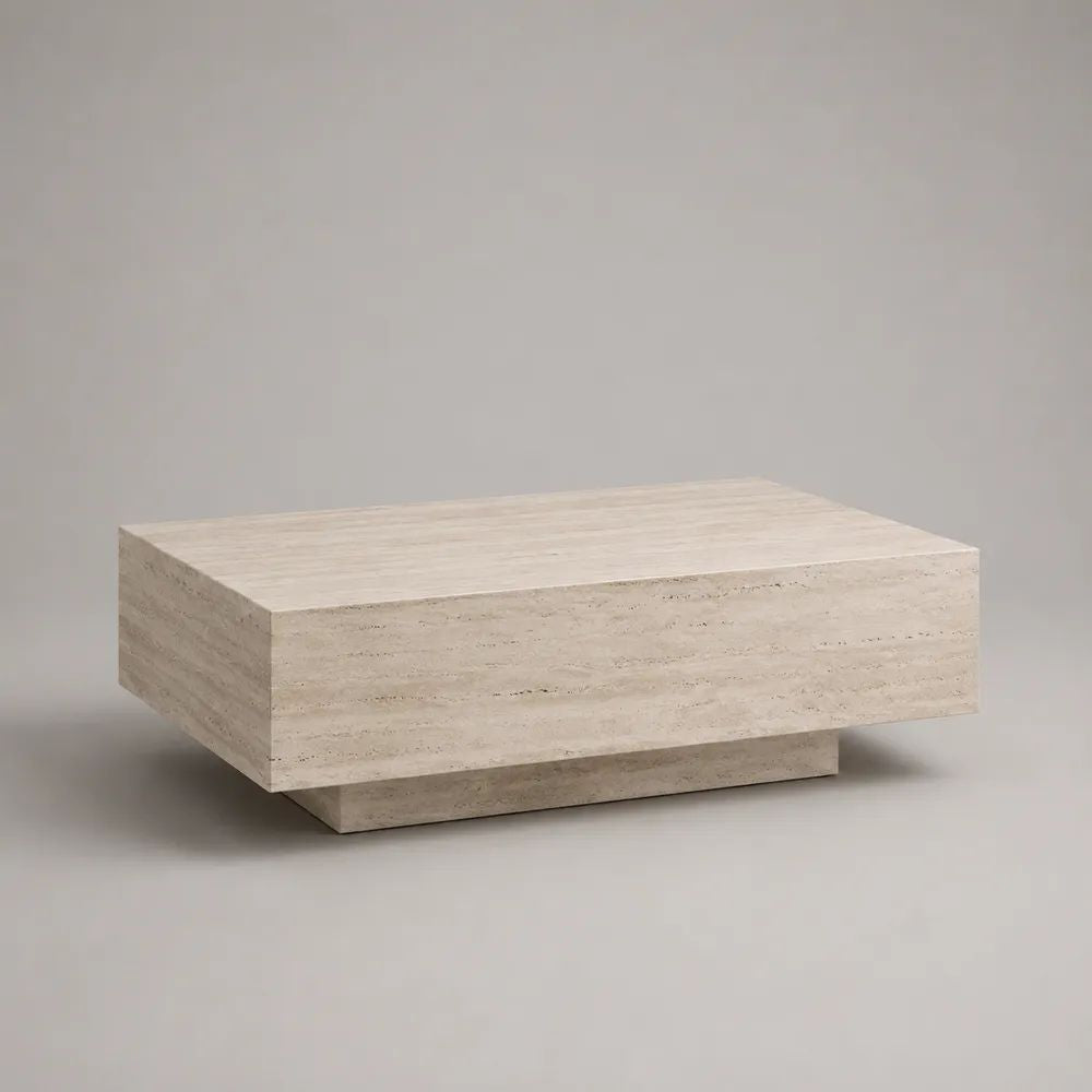 Rechteckiger Couchtisch aus Travertin-Naturstein, Beige, 100 × 60 × 35 cm